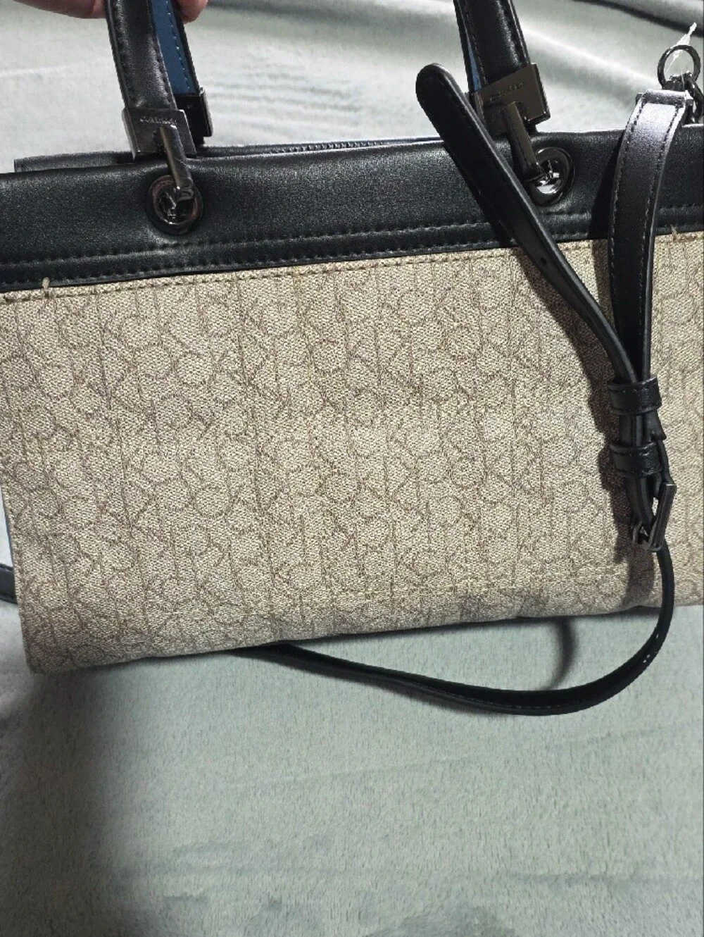 Calvin Klein Beige Monogram Satchel with Black Trim and Blue Tag